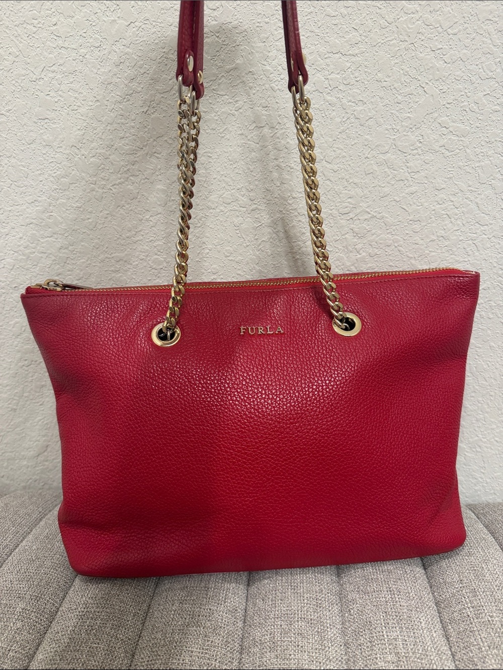 Furla Red Pebbled Leather Chain-Handle Tote